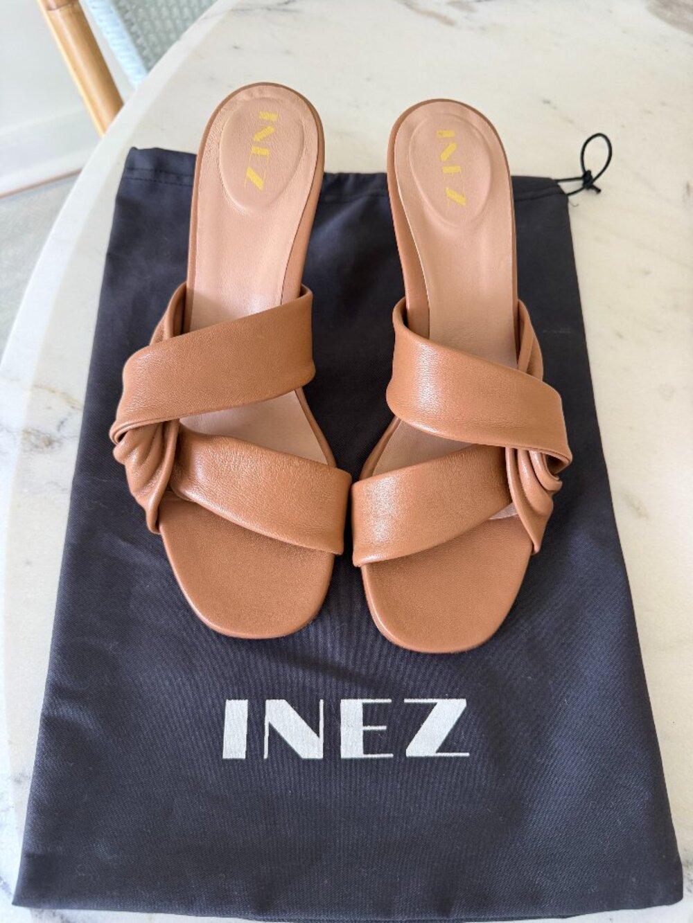 INEZ Tan Leather Knotted Heeled Sandals 7.5 NWOT